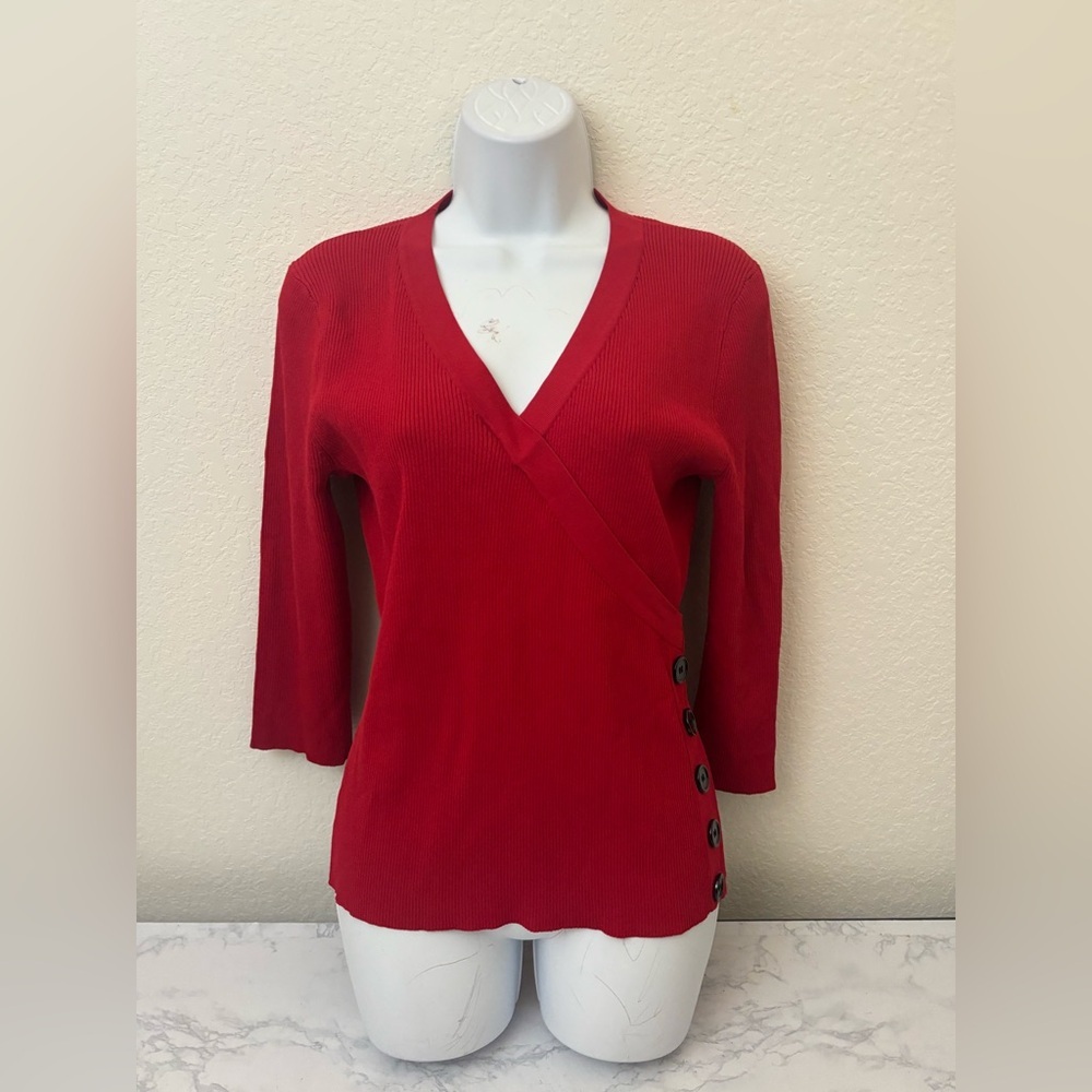 Cable And Gauge Studio Top Womens L Red V Neck Long Sleeve Ribbed Pullover​